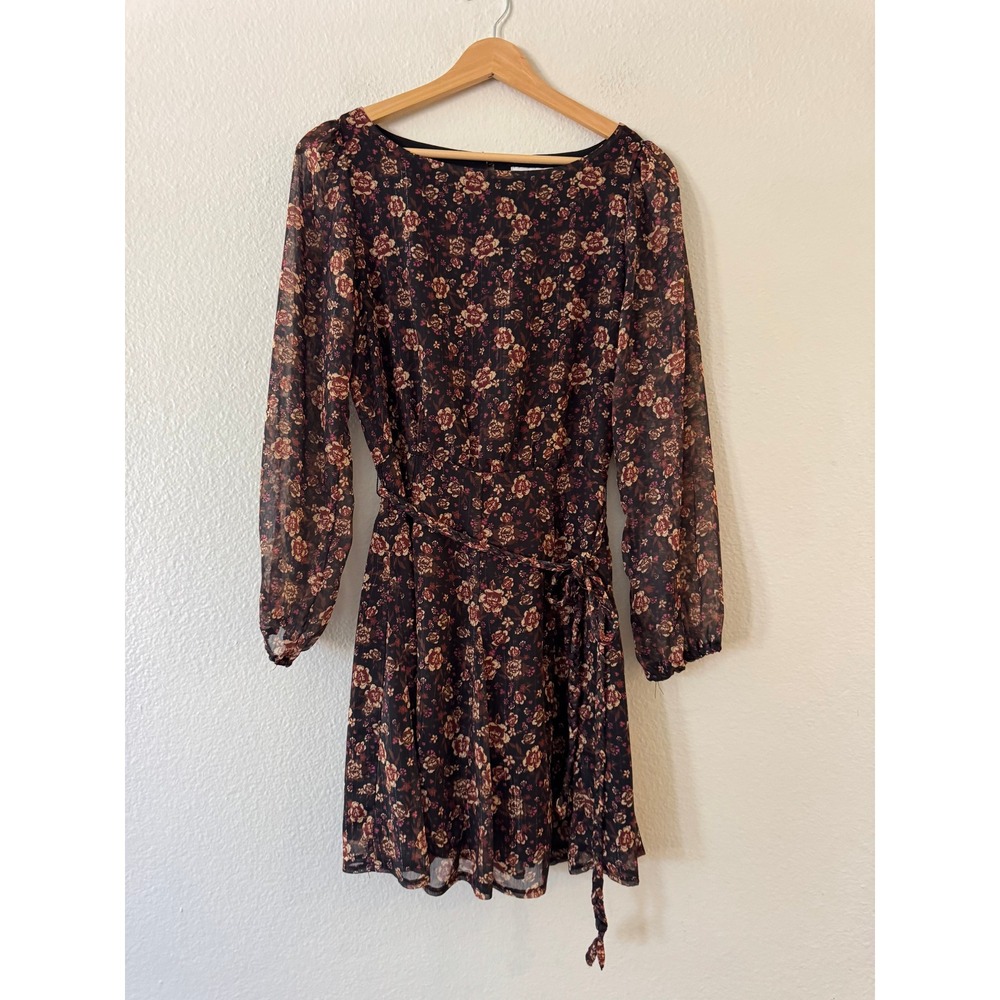 Koko + Mason Floral Mini Dress Lurex Metallic Long Sleeve Tie Waist XS Black Exc